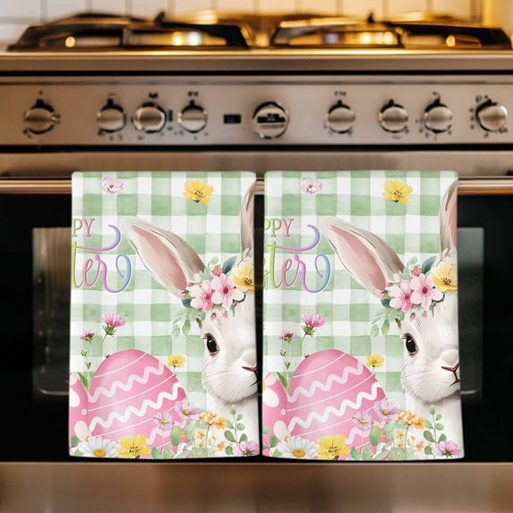 Sage Green Easter Kitchen Towels Set of 4, Spring Easter Bunny Eggs Floral Plaid Absorbent Dish Towels for Kitchen, Microfiber Hand Towel, Quick Drying Tea Towel for Cleaning Decorative Dishcloths