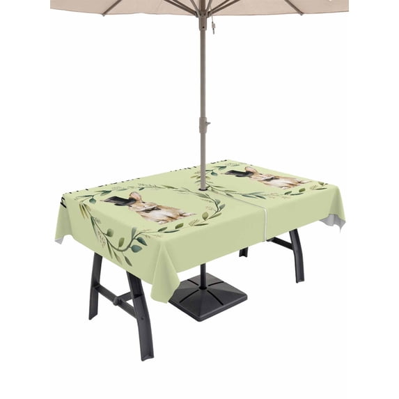 Sage Green Easter Outdoor Tablecloth - 54x80 Inch Rectangle Dining Table Cover, Spring Bunny Eucalyptus Leaves Waterproof Outdoor Table Cloth with Umbrella Hole & Zipper for Picnic/Patio/Party