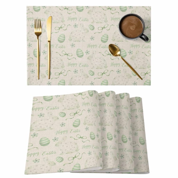 Sage Green Easter Placemats Set of 4, Spring Vintage Bunny Eggs on Linen Placemats for Dining Table, Place Mats for Kitchen Tabletop, Waterproof Wipeable Dining Table Mats Set