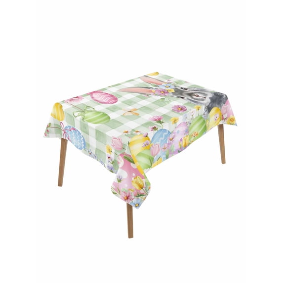 Sage Green Easter Rectangle Tablecloth, Spring Watercolor Bunny Eggs Flower Plaid Waterproof & StainResistant Tablecloth, Washable Oil-proof Table Cover for Dining/Party/Wedding/Buffet 52x70 In