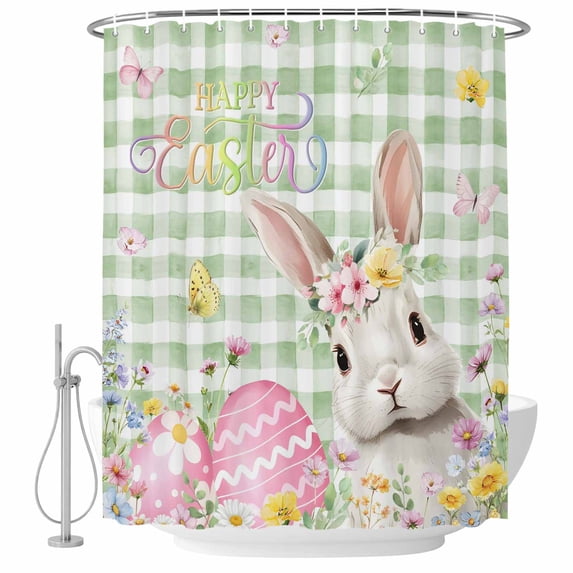 Sage Green Easter Shower Curtain, Waterproof Shower Curtains for Bathroom, Spring Easter Bunny Eggs Floral Plaid Washable Fabric Bathtub Curtain Set Bath Decor with 12 Hooks Stall 36"x72"