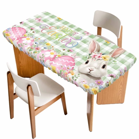 Sage Green Easter Table Cloths for 4 Foot Rectangle Tables, Spring Easter Bunny Eggs Floral Plaid Patio Waterproof Elastic Fitted Tablecloths, Washable Rectangular Table Cover for Camping