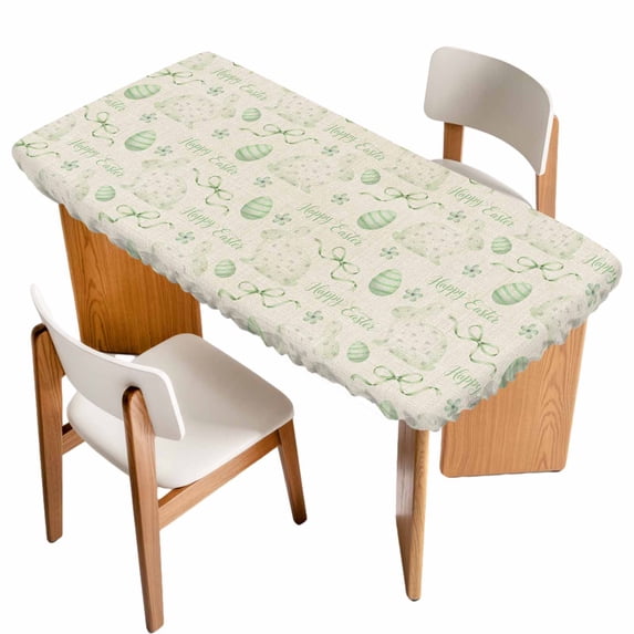 Sage Green Easter Table Cloths for 6 Foot Rectangle Tables, Spring Vintage Bunny Eggs on Linen Patio Waterproof Elastic Fitted Tablecloths, Washable Rectangular Table Cover for Camping