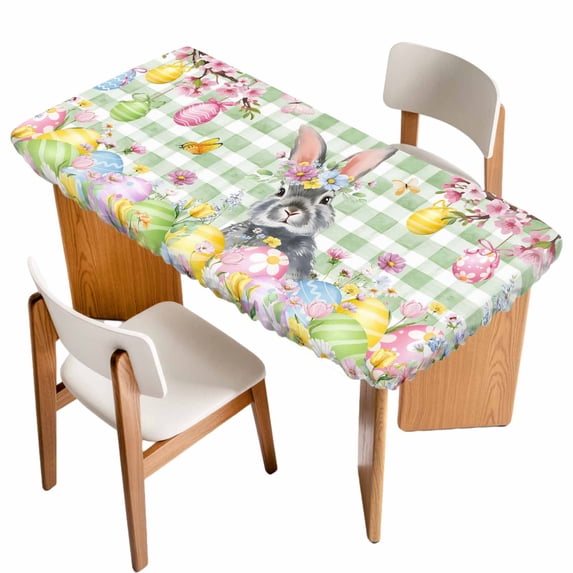 Sage Green Easter Table Cloths for 6 Foot Rectangle Tables, Spring Watercolor Bunny Eggs Flower Plaid Patio Waterproof Elastic Fitted Tablecloths, Washable Rectangular Table Cover for Camping