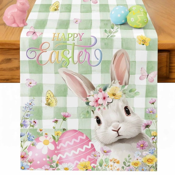 Sage Green Easter Table Runner 108 Inches Long for Kitchen Dining, Spring Easter Bunny Eggs Floral Plaid Dresser Scarf Farmhouse, Dining Table Decorations for Wedding/Parties, 13 x 108 In