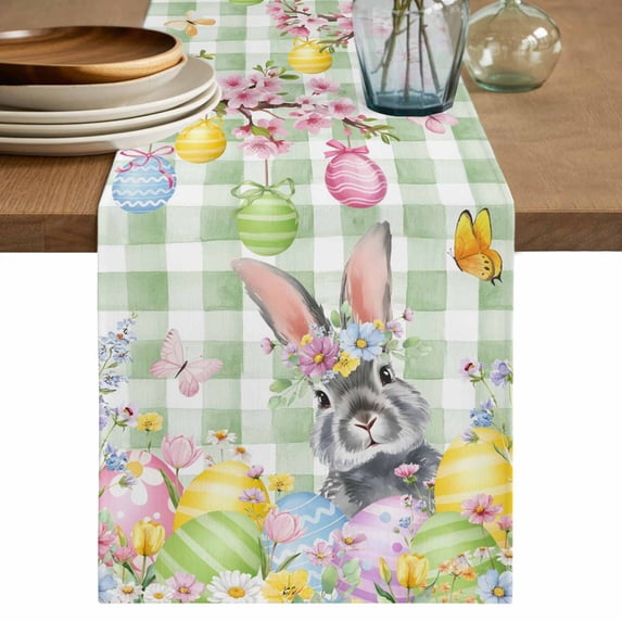 Sage Green Easter Table Runner 120 Inches, Spring Watercolor Bunny Eggs Flower Plaid Bed Runner Dresser Scarves Tabletop for Indoor Outdoor Parties/Ceremony/Banquet, 13"x 120"