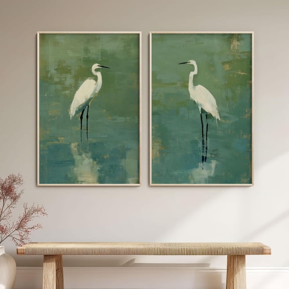 Sage Green Egret Art Prints Coastal Bird Gallery Wall Set Poster Set 2