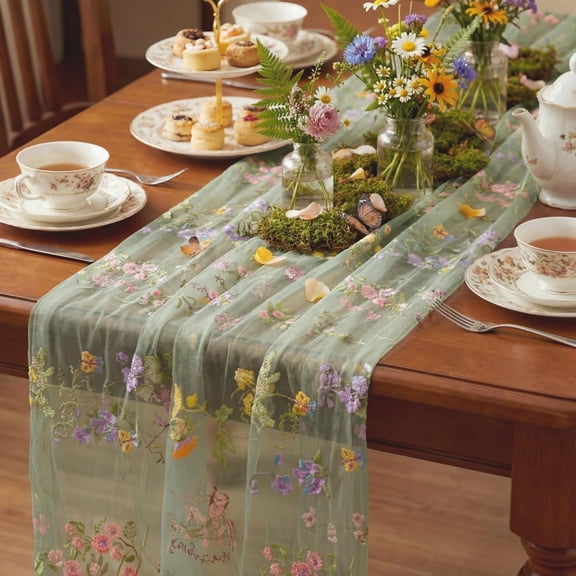 Sage Green Embroidered Floral Table Runner, 23.6 x 120 Inch Tulle Gauze Table Decor for Spring Summer, Wedding, Baby Shower and Birthday Party