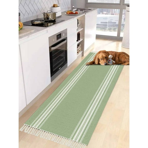 Sage Green Entryway Runner Rug 2x4ft,Farmhouse Sage Green White Striped Washable Woven Living Room Hallway Bedroom Kitchen Carpet with Tassels,Non-Shedding Indoor Outdoor Throw Door Mat for Entryway