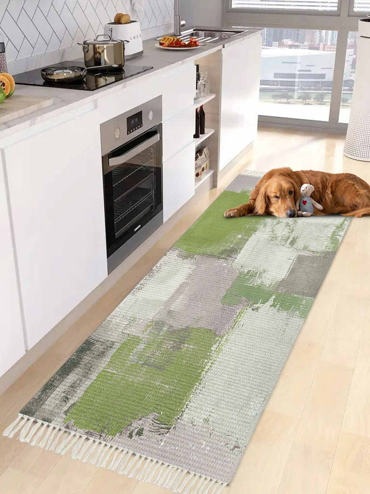 Sage Green Entryway Runner Rug 2x4ft,Modern Geometric Grey Oil Painting