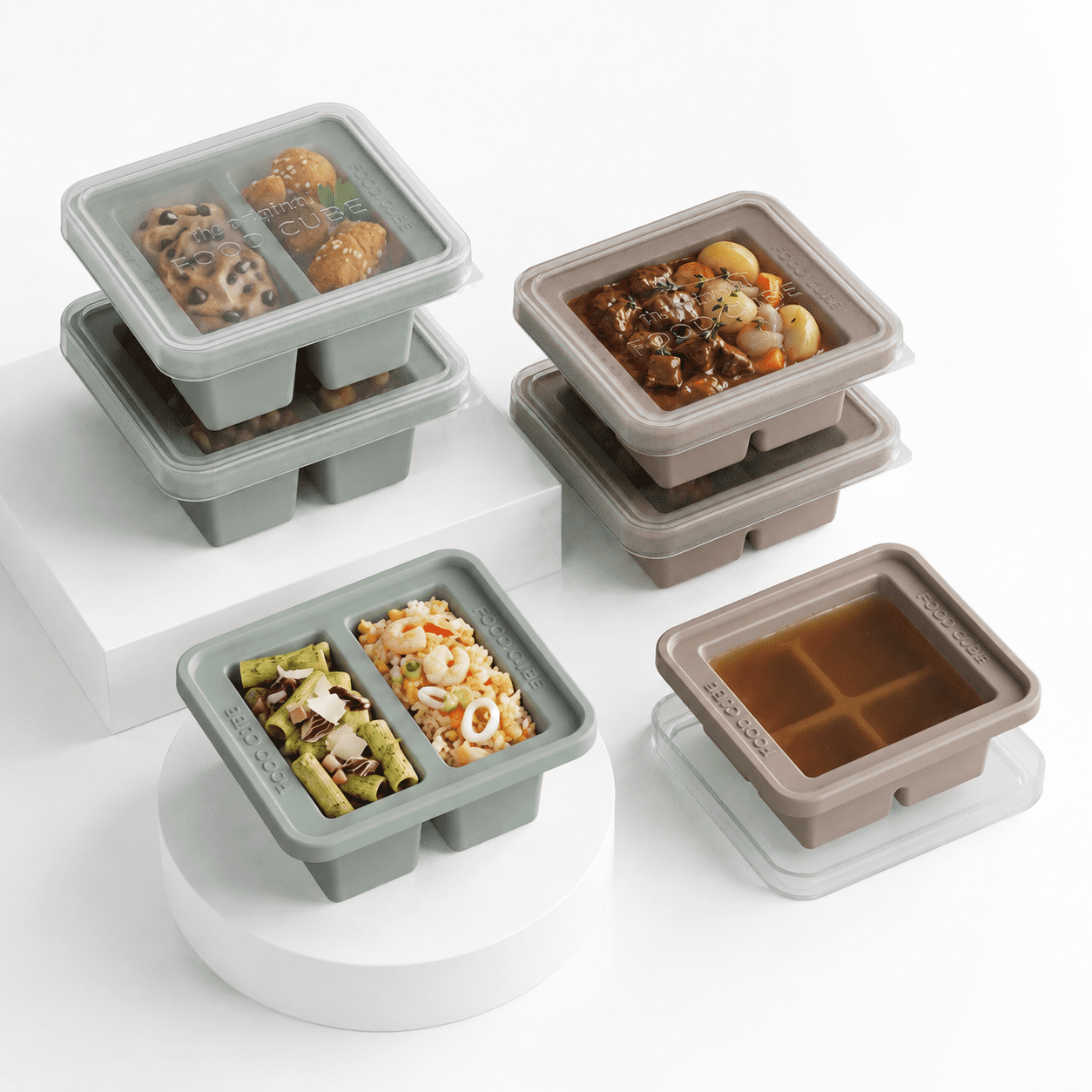Sage Green+Espresso Square 6-Piece Grab & Go Silicone Meal Prep Freezer ...