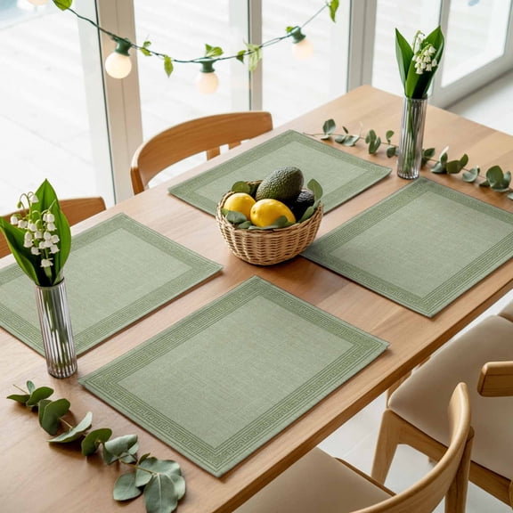 Sage Green Ethnic Pattern Placemats Set of 4,Wipeable Washable Table Mats for Dining Tables, Abstract Greece Back Pattern Place Mats for Kitchen Event Party Tabletop Decor