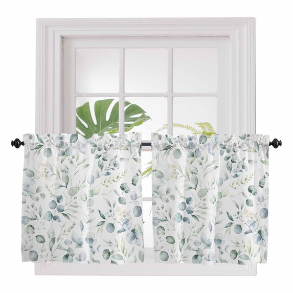Sage Green Eucalyptus 2 Panel Kitchen Curtains for Small Windows, Summer Leaves Pastoral Botanical Bathroom Tier Curtain, Short Window Treatment for Bedroom/Living Room 55"x24"