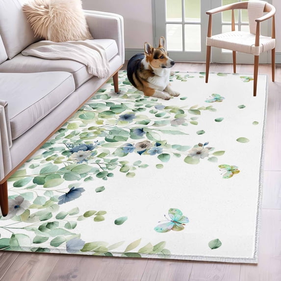 Sage Green Eucalyptus Area Rugs 2.7'x5', Washable Small Throw Rugs for Kitchen Bedroom, Weeping Botanical Farmhouse Leaves Indoor Outdoor Rug Non-Slip Low Pile Carpet Runner Reversible Floor Mats