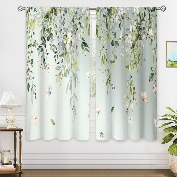Sage Green Eucalyptus Botanical Leaves Floral Window Curtains Watercolor Flower Plant Wildflower Farmhouse Curtain Drapes Herb Plant Curtains for Bedroom Living Room Treatment 42Wx63H Inch