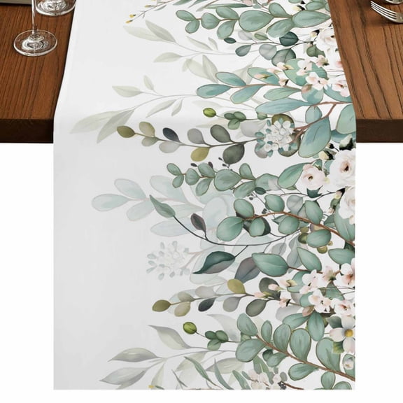 Sage Green Eucalyptus Burlap Cotton Table Runner 13x90 Inches Long, Spring Floral Botanical Watercolor Farmhouse Table Runners, Outdoor Dining Tablecloths Decor for Baby Shower/Party/Wedding