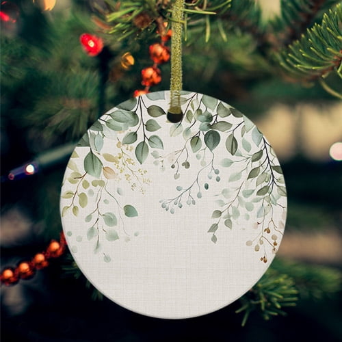 Sage Green Eucalyptus Ceramic Ornaments, Traditional Tree Branch Leaf Plant Round Porcelain Hanging Ornaments with Gold String, Xmas Decorations Keepsake Gifts for Holiday Home Party 3''