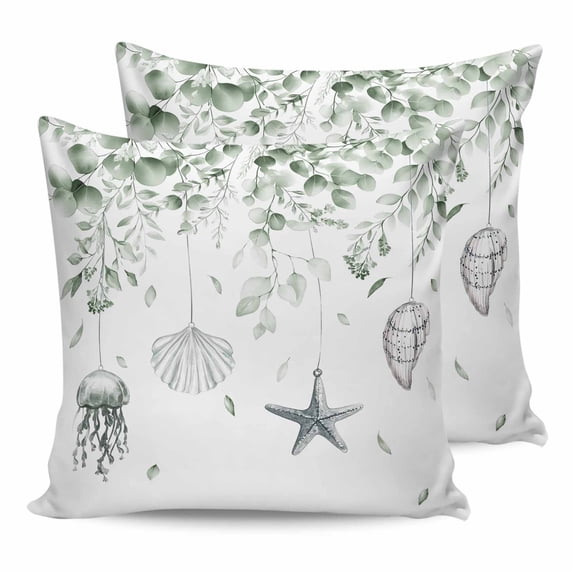 Sage Green Eucalyptus Coastal 18x18 Pillow Covers Set of 2, Beach Conch Jellyfish Throw Pillow Covers Decorative Couch Cushion Case, Microfiber Square Pillowcases for Bedroom Car Living Room