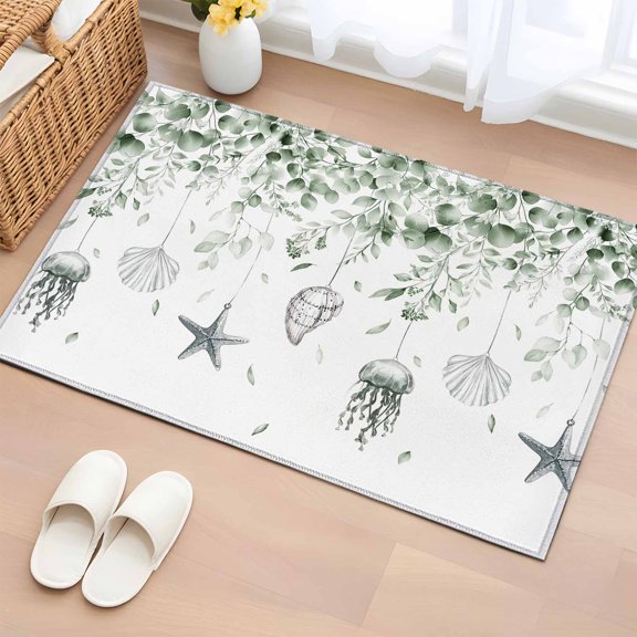 Sage Green Eucalyptus Coastal 2x3 Door Mat Rug, Beach Conch Jellyfish Non-Skid Rubber Backing Large Rectangle Rugs - Living Room Bedroom Home Office, Indoor Floor Mat Carpets Washable Rug