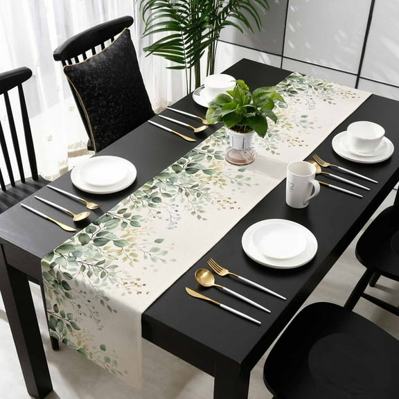 Sage Green Eucalyptus Cotton Linen Table Runner 18 x 72 inch Country Leaf Plants Retro Beige Non-slip Rectangular Dining Table Decor for Wedding Party Holiday Dinner
