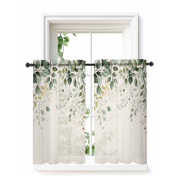 Sage Green Eucalyptus Curtains 54 Inch Length,Sheer Curtains for Bedroom Living Room Window Traditional Tree Branch Leaf Plant Rod Pocket Drapes Kitchen Curtains Small Half Window 52"x54" 2 Panels