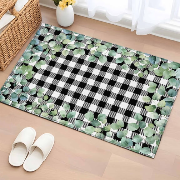 Sage Green Eucalyptus Entryway Rug 2'x3'&nbsp; Non Slip Front Door Mats, Spring Leaves Black White Plaid Entrance Rugs Indoor Outdoor Carpet, Washable Floor Mats Small Area Rug for Bedroom Kitchen