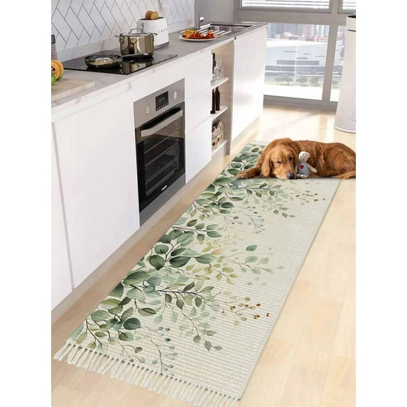 Sage Green Eucalyptus Entryway Runner Rug 2x4ft,Country Leaf Plants Retro Beige Washable Woven Living Room Hallway Bedroom Kitchen Carpet with Tassels,Indoor Outdoor Throw Door Mat for Entryway