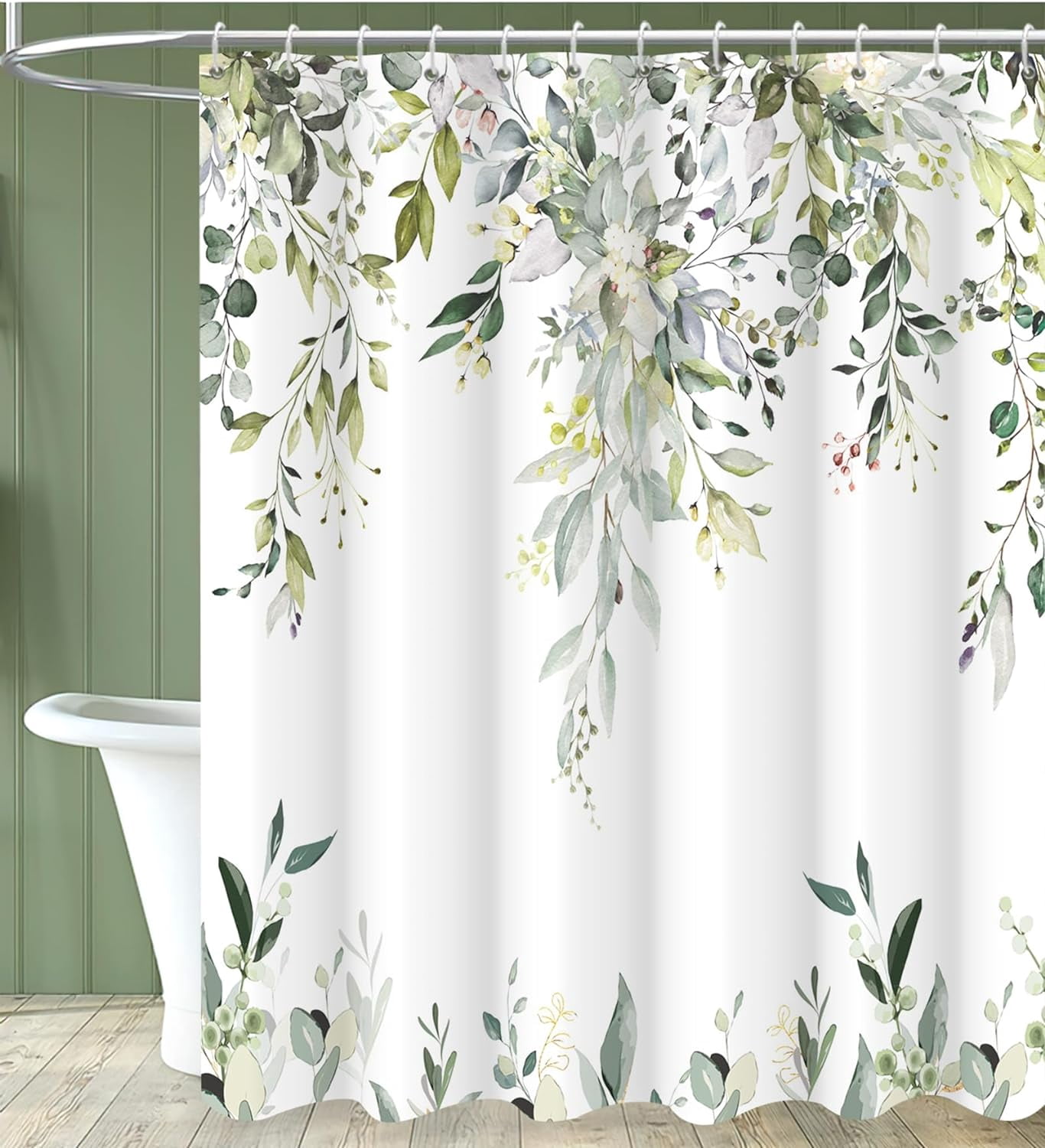 Youyouplus Watercolor Floral Shower Curtain - 70.8x70.8 Inch, Waterproof Polyester, Green Leaves Pattern, 12 Hooks - View #10