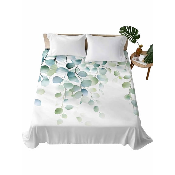 Sage Green Eucalyptus Flat Sheets Only King Size, Soft Breathable Bed Top Sheets for Mattress, Watercolor Botanical Leaves Luxury Bedding Flat Sheets for Home Hotel Bedroom Bed Protection