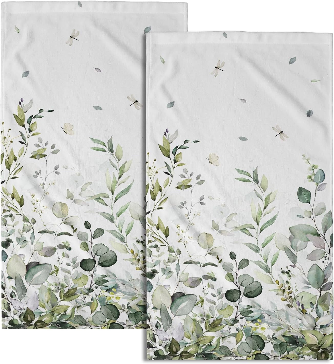 Sage Green Eucalyptus Hand Towels Set of 2  Plant Leaves with Floral Fingertip Towels Soft Kitchen Dish Towel for Bathroom Laundry Room Spa Decor