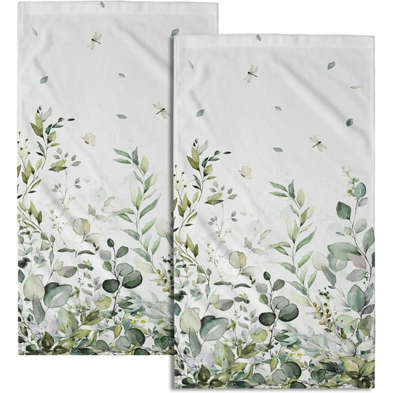 Sage Green Eucalyptus Hand Towels Set of 2  Plant Leaves with Floral Fingertip Towels Soft Kitchen Dish Towel for Bathroom Laundry Room Spa Decor