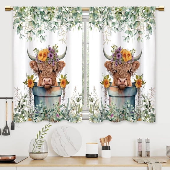 Sage Green Eucalyptus Highland Cow Kitchen Curtains Plant Leaves Bathroom Curtains Window Treatment Drapes Tier Botanical Cafe Small Bedroom Short French Door Curtains 2 Panels 28x40 Inch
