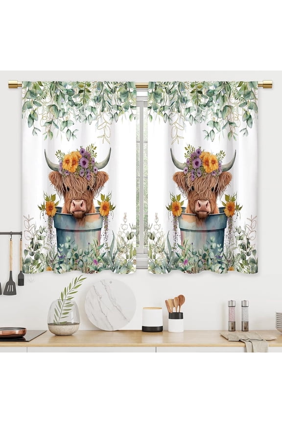 Sage Green Eucalyptus Highland Cow Kitchen Curtains Plant Leaves Bathroom Curtains Window Treatment Drapes Tier Botanical Cafe Small Bedroom Short French Door Curtains 2 Panels 28x40 Inch