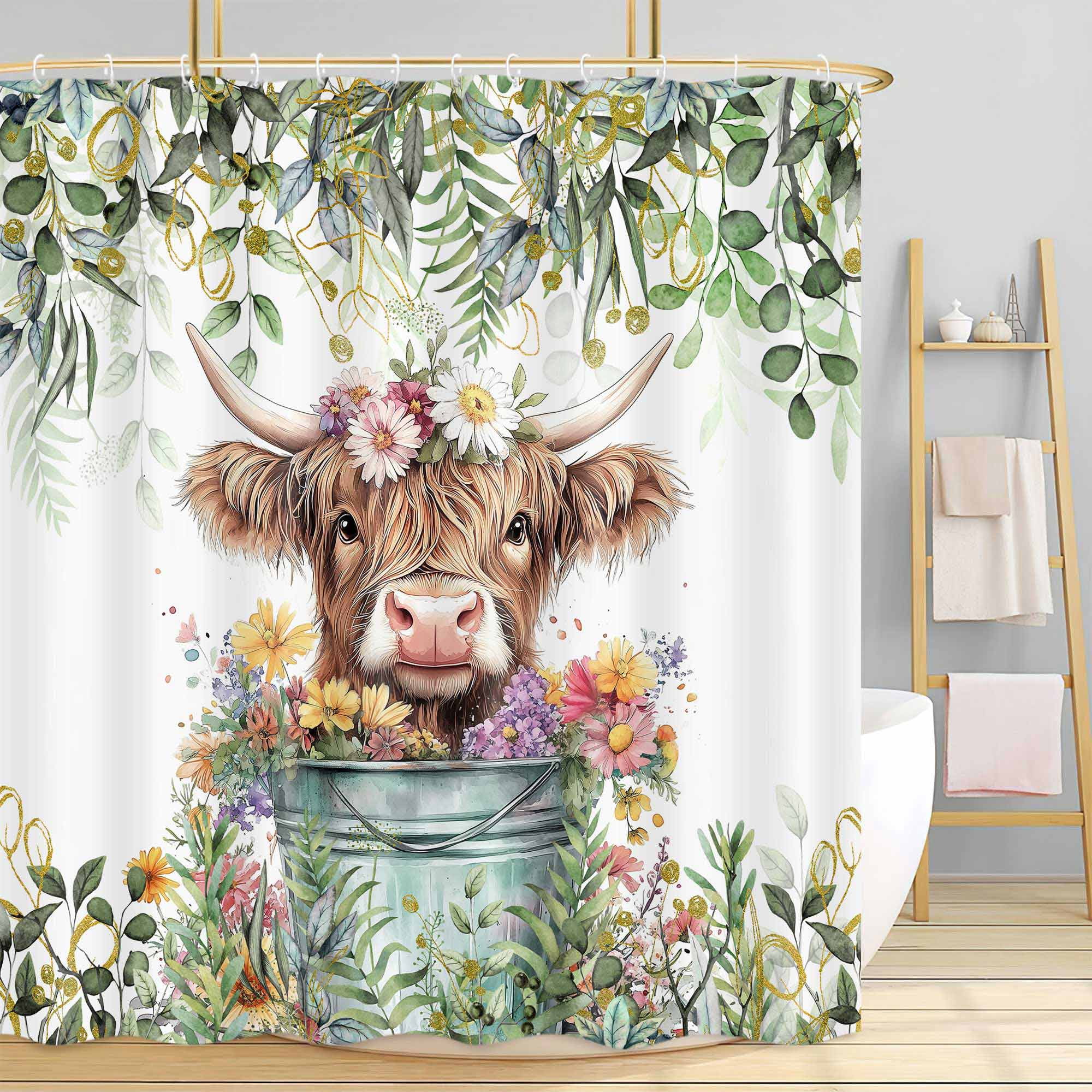 Sage Green Eucalyptus Highland Cow Shower Curtain, Watercolor Plant Leaves Teal Floral Farmhouse Bath Curtain, Funny Animals Bathroom Accessories Botanical for Bathroom Curtain Set, 72X72in