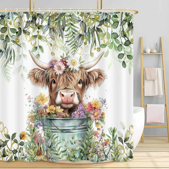 Sage Green Eucalyptus Highland Cow Shower Curtain, Watercolor Plant Leaves Teal Floral Farmhouse Bath Curtain, Funny Animals Bathroom Accessories Botanical for Bathroom Curtain Set, 72X72in
