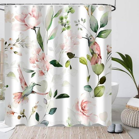 Sage Green Eucalyptus Hummingbird Floral Shower Curtain, Pink Boho Watercolor Leaves White Floral Bathroom Curtains Waterproof Fabric Bathtub Curtains Set with Hooks 54"W x 78"L (Pack of 1)