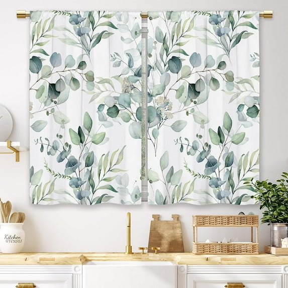 Sage Green Eucalyptus Kitchen Curtains Leaf Small Short Cafe Window Curtains Botanical Spring Farmhouse Rod Pocket Bathroom Window Drapes Treatment Tier Curtains 2 Panels (27.5x39 Inch)