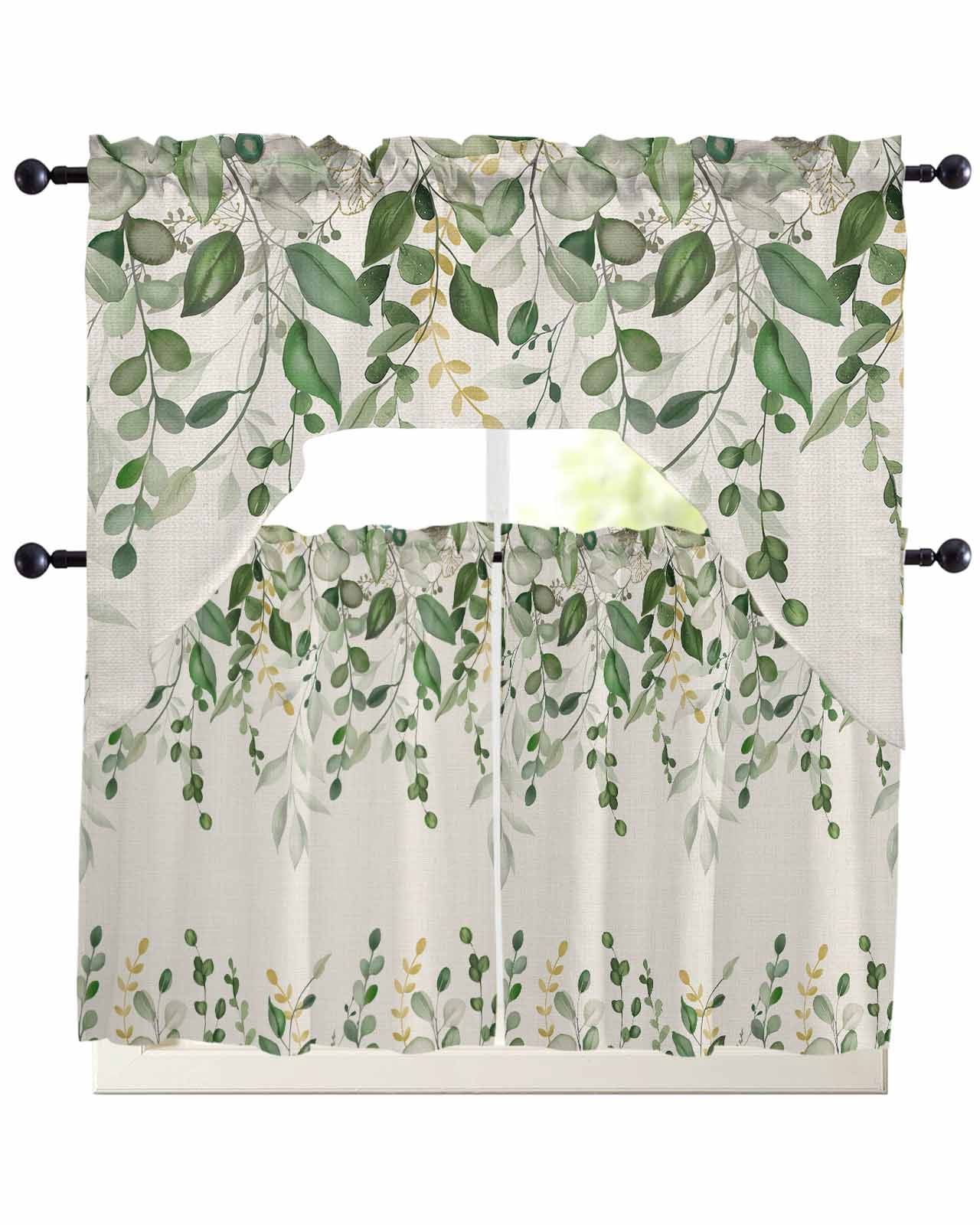 Sage Green Eucalyptus Kitchen Curtains Sets for Windows 3 Piece, Farmhouse Weeping Leaves Linen Kitchen Curtains and Valances Tier Set 24 Inch Length Swag Curtain for Living Room Cafe Bathroom