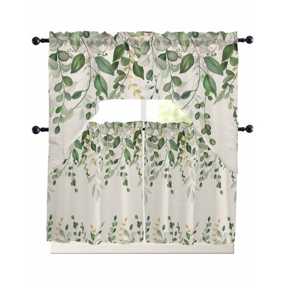 Sage Green Eucalyptus Kitchen Curtains Sets for Windows 3 Piece, Farmhouse Weeping Leaves Linen Kitchen Curtains and Valances Tier Set 24 Inch Length Swag Curtain for Living Room Cafe Bathroom