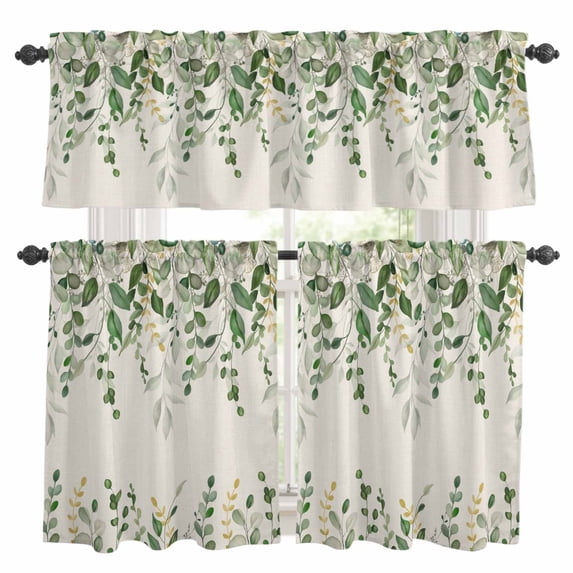 Sage Green Eucalyptus Kitchen Curtains Sets for Windows 36 Inch Length, Farmhouse Weeping Leaves Linen Rod Pocket Window Treatments Tier Curtains and Valances Set for Bedroom/Bathroom