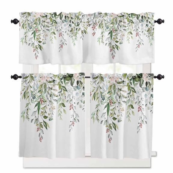 Sage Green Eucalyptus Kitchen Curtains and Valances Set, 3 Piece Kitchen Curtains Set 24 Inch Length, Aesthetics Floral Farm Foliage Rod Pocket Curtains Tier Farmhouse Window Curtains