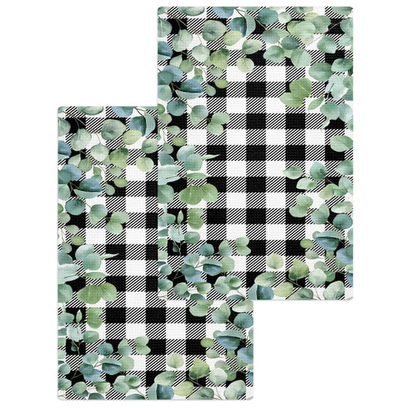 Sage Green Eucalyptus Kitchen Dish Towels for Drying Dishes Set of 2, Spring Leaves Black White Plaid Waffle Weave Microfiber Hand Tea Bathroom Towels Quick Dry & Absorbent Towel 15.7x23.6
