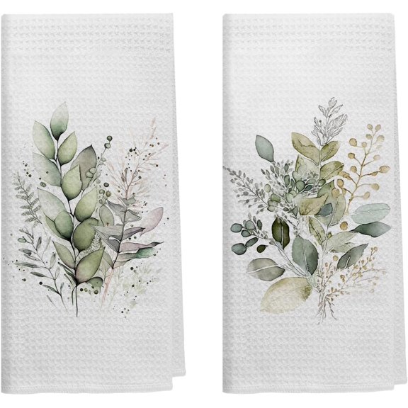 Sage Green Eucalyptus Kitchen Towels Set of 2, Watercolor Leaf Decorative Hand Towels for Bathroom, Kitchen Decor, 16x24 Inches