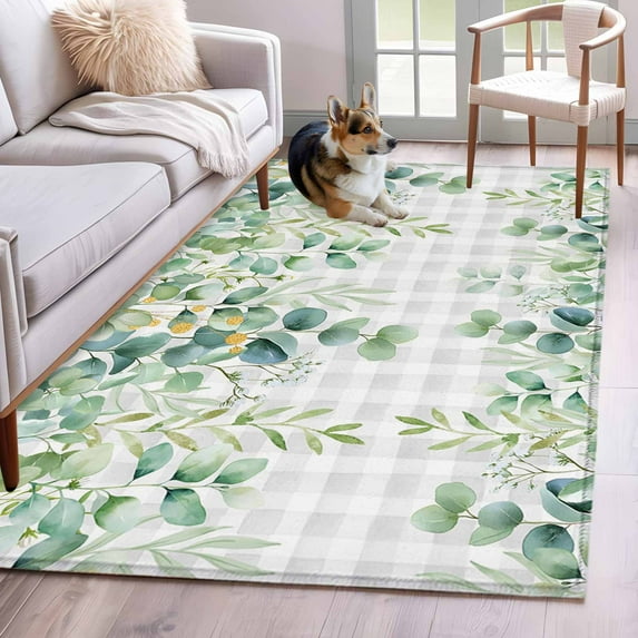 Sage Green Eucalyptus Leaf Area Rugs 4x6 ft Spring Summer Botanical Plaid Washable Rug Non Slip Indoor Carpet Absorbent Floor Mat for Living Room Bedroom Dining Room