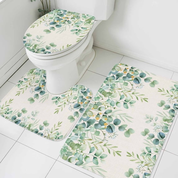 Sage Green Eucalyptus Leaf Bathroom Rugs Set Spring Summer Botanical Retro Non Slip Absorbent Soft Bath Mats 3 Piece Set with Bathroom Rug, U-Shaped Floor Mat, Toilet Seat Cover Small Size