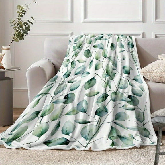 Sage Green Eucalyptus Leaf Fleece Blanket – Soft, Cozy, Lightweight Plush Throw for Sofa or Bed, Bohemian Floral Design, 280gsm, Anti-Pilling & Warm Polyester Flanne