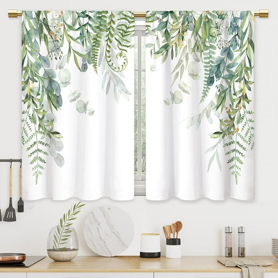 Sage Green Eucalyptus Leaf Kitchen Curtains Plant Botanical Flower Bathroom Curtains Window Treatment Drapes Tier Floral Cafe Small Bedroom Short French Door Curtains 2 Panels 27.5x39 Inch