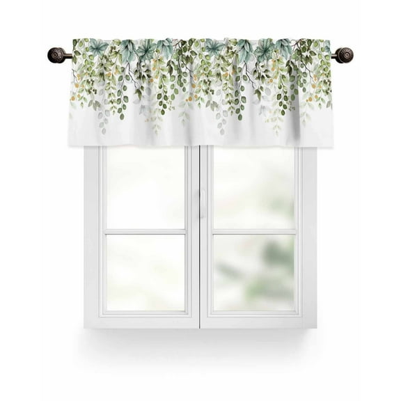 Sage Green Eucalyptus Leaf Kitchen Valances for Windows Botanical Spring Summer Floral Valance Curtains&nbsp; for Kitchen /Living Room/Bedroom/ Bathroom Decor, 54"x18 " ,Rod Pocket 1 Panel, White