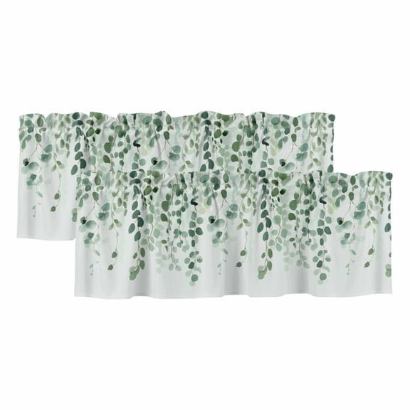 Sage Green Eucalyptus Leaf Valances for Windows, Decorative Rod Pocket Window Valance Curtains, Spring Leaves Botanical Short Curtain Drapes for Kitchen/Bathroom/Living Room, 2 Panels, 42" W x 18" L