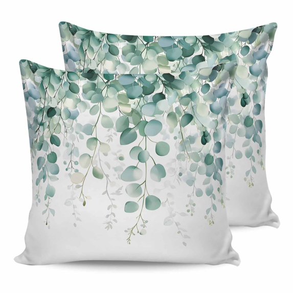 Sage Green Eucalyptus Leaves 18x18 Pillow Covers Set of 2, Spring Farmhouse Botanical Throw Pillow Covers Decorative Couch Cushion Case, Microfiber Square Pillowcases for Bedroom Car Living Room
